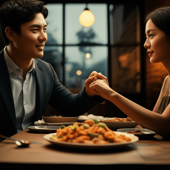 cinematic, hyper-realistic, 파스텔톤의, 한국인 젊은 커플이 야외 테라스 식당에서 음식이 나오기 전 깔끔하게 테이블과 손을 닦고 서로 미소 짓고 있는 모습, 테이블 위에는 깨끗한 식기가 놓여있음, 이미지 안에 글자, 텍스트, 단어, 문구, 기호, 로고, 손글씨, 낙서, 자막, 상표, 캘리그라피 등 글자와 관련된 어떤 것도 포함하지 마. 전혀 텍스트처럼 보이는 것도 금지야.