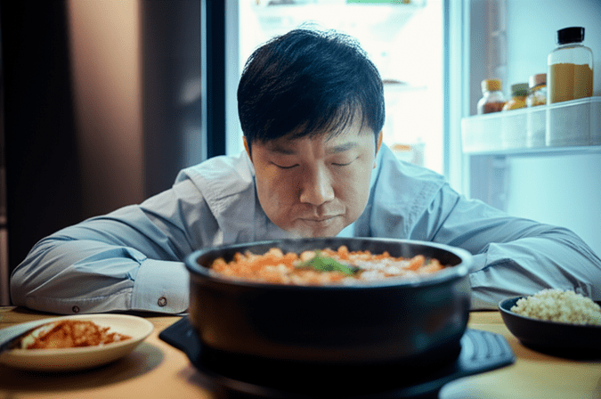 cinematic, hyper-realistic, 파스텔톤의, 한국인 직장인 남성이 퇴근 후 식탁 위에 놓인 음식물을 보고 고민하는 모습, 뒤에는 냉장고 문이 살짝 열려있음, 이미지 안에 글자, 텍스트, 단어, 문구, 기호, 로고, 손글씨, 낙서, 자막, 상표, 캘리그라피 등 글자와 관련된 어떤 것도 포함하지 마. 전혀 텍스트처럼 보이는 것도 금지야.
