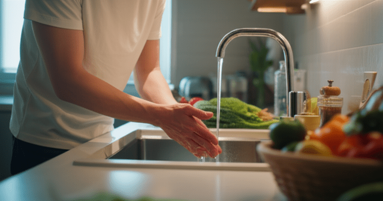 cinematic, hyper-realistic, 파스텔톤의, 주방에서 한국인 젊은 남성이 흐르는 물에 손을 꼼꼼하게 씻고 있는 모습, 뒤에는 신선한 채소들이 놓여있음, 이미지 안에 글자, 텍스트, 단어, 문구, 기호, 로고, 손글씨, 낙서, 자막, 상표, 캘리그라피 등 글자와 관련된 어떤 것도 포함하지 마. 전혀 텍스트처럼 보이는 것도 금지야.