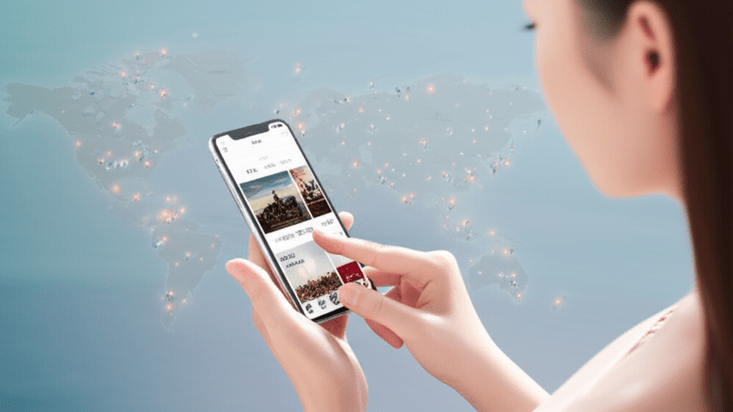 cinematic, hyper-realistic, 파스텔톤의, 한국인 젊은 여성이 스마트폰 앱에서 다양한 해외여행 목적지와 날짜를 유연하게 탐색하는 모습, 배경에는 세계 지도가 펼쳐져 있고 여러 도시가 반짝이는 일러스트로 표현됨. 이미지 안에 글자, 텍스트, 단어, 문구, 기호, 로고, 손글씨, 낙서, 자막, 상표, 캘리그라피 등 글자와 관련된 어떤 것도 포함하지 마. 전혀 텍스트처럼 보이는 것도 금지야.