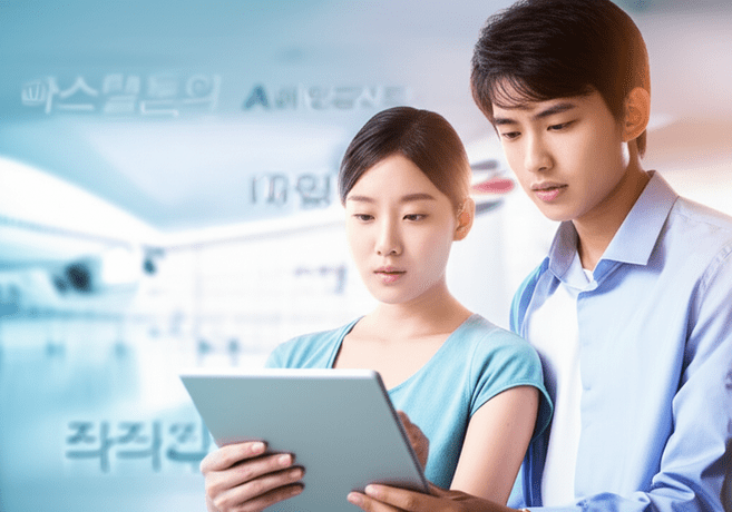 cinematic, hyper-realistic, 파스텔톤의, 한국인 젊은 여성과 남성이 태블릿으로 여러 항공권 웹사이트를 비교하며 분석하는 모습, 진지하면서도 희망에 찬 표정, 배경에는 다양한 항공사 로고가 흐릿하게 보임. 이미지 안에 글자, 텍스트, 단어, 문구, 기호, 로고, 손글씨, 낙서, 자막, 상표, 캘리그라피 등 글자와 관련된 어떤 것도 포함하지 마. 전혀 텍스트처럼 보이는 것도 금지야.