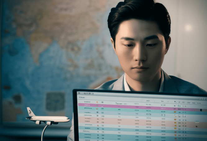 cinematic, hyper-realistic, 파스텔톤의, 한국인 젊은 남성이 복잡한 항공권 가격 그래프를 보며 노트북으로 검색하는 모습, 몰두하는 표정, 주변에는 세계 지도와 작은 비행기 모형이 놓여 있음. 이미지 안에 글자, 텍스트, 단어, 문구, 기호, 로고, 손글씨, 낙서, 자막, 상표, 캘리그라피 등 글자와 관련된 어떤 것도 포함하지 마. 전혀 텍스트처럼 보이는 것도 금지야.