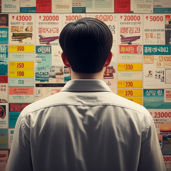 cinematic, hyper-realistic, 파스텔톤의, 한 젊은 한국인 남성이 복잡한 여행 상품 광고판 앞에서 고민하며 서 있는 모습, 주변에 저렴한 가격표가 난무함, 이미지 안에 글자, 텍스트, 단어, 문구, 기호, 로고, 손글씨, 낙서, 자막, 상표, 캘리그라피 등 글자와 관련된 어떤 것도 포함하지 마. 전혀 텍스트처럼 보이는 것도 금지야. text-free, no text