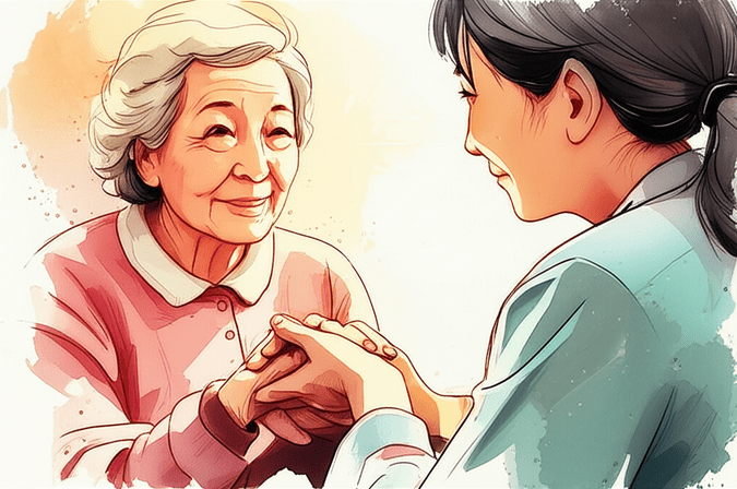 스튜디오 지브리 스타일의 감성적인 수채화 일러스트레이션. 부드러운 파스텔 톤과 따뜻한 조명. 복지 상담사의 따뜻한 손을 마주 잡고 있는 노년의 한국인 여성의 클로즈업 또는 상반신 샷. 두 사람의 표정에서 신뢰와 공감이 느껴진다. softly blurred or bleeding watercolor background. 이미지 안에 어떠한 글자, 숫자, 로고, 기호도 포함하지 마.