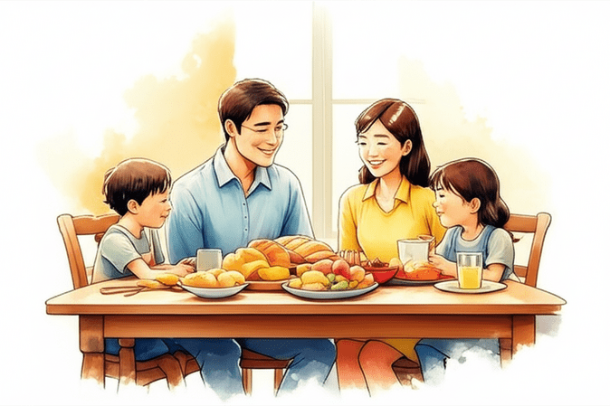스튜디오 지브리 스타일의 감성적인 수채화 일러스트레이션. 부드러운 파스텔 톤과 따뜻한 조명. 가족들이 식탁에 둘러앉아 이야기를 나누고 있는 모습. 부모님과 두 아이가 서로를 바라보며 따뜻한 미소를 짓고 있다. 식탁 위에는 간단한 식사가 차려져 있고, 배경은 softly blurred or bleeding watercolor background 처리되어 가족의 단란함에 초점을 맞춘다. 이미지 안에 어떠한 글자, 숫자, 로고, 기호도 포함하지 마.