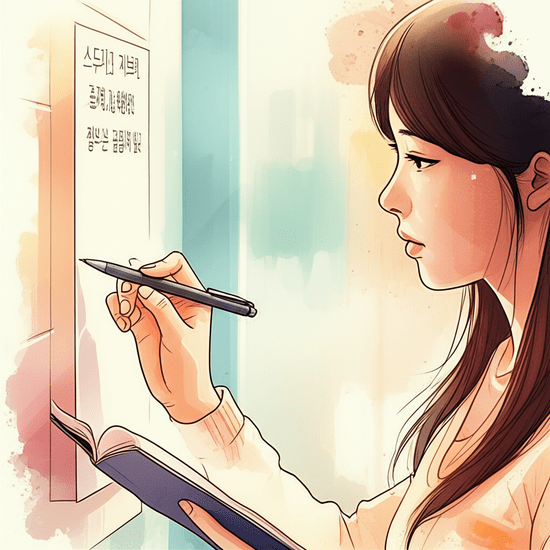 스튜디오 지브리 스타일의 감성적인 수채화 일러스트레이션. 부드러운 파스텔 톤과 따뜻한 조명. 동네 복지관 게시판 앞에서 정보를 꼼꼼히 읽고 있는 젊은 한국인 여성이 클로즈업 또는 상반신 샷으로 묘사된다. 그녀의 손에는 작은 수첩과 펜이 들려있다. softly blurred or bleeding watercolor background. 이미지 안에 어떠한 글자, 숫자, 로고, 기호도 포함하지 마.
