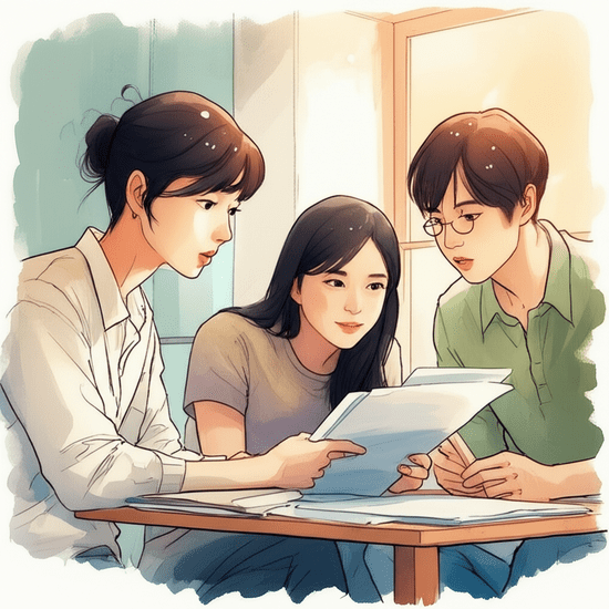 Emotional watercolor illustration in the style of Studio Ghibli. Soft pastel color palette and warm lighting. A realistic and softly rendered Korean young person, in a group of two or three friends, engaged in a conversation. They are gathered around a small table, perhaps in a cafe or a community space, discussing documents or looking at shared information with focused and collaborative expressions. The background is softly blurred, enhancing the sense of warm interaction. No text, no numbers, no letters, no logos, no symbols. 이미지 안에 어떠한 글자, 숫자, 로고, 기호도 포함하지 마. 텍스트처럼 보이는 것도 금지야.