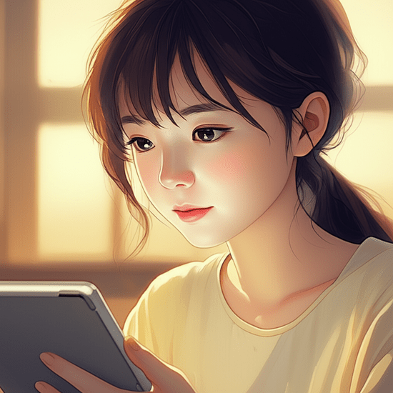 Emotional watercolor illustration in the style of Studio Ghibli. Soft pastel color palette and warm lighting. A close-up shot of a realistic and softly rendered Korean young person, earnestly looking at a tablet or smartphone, perhaps researching information. Their expression is focused yet calm, with gentle light reflecting on their face. The background is softly blurred with warm, inviting colors, like a cozy home or a quiet library. No text, no numbers, no letters, no logos, no symbols. 이미지 안에 어떠한 글자, 숫자, 로고, 기호도 포함하지 마. 텍스트처럼 보이는 것도 금지야.